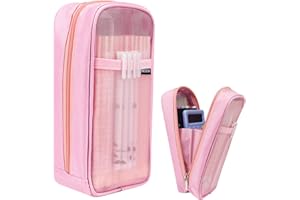 Fmeida Grid Mesh Pencil Case - Upgraded 4 Compartment Pencil Pouch, Clear Adult Pencil Bag Aesthetic Marker Pouch Stationary Bag Office Organizer for College Business Travel - Pink