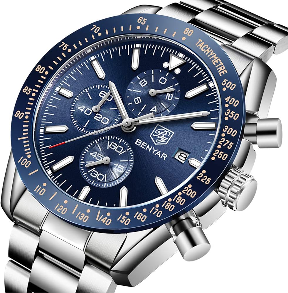 BENYAR Mens Watches Analog Quartz Chronograph Waterproof Dress Watch for Men Business Work Sport Casual Classic Stainless Steel Men's Wrist Watches Elegant Gifts for Men - Image 3