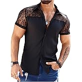 SweatyRocks Men's Sheer Floral Lace Button Down Collared Short Sleeve Shirts