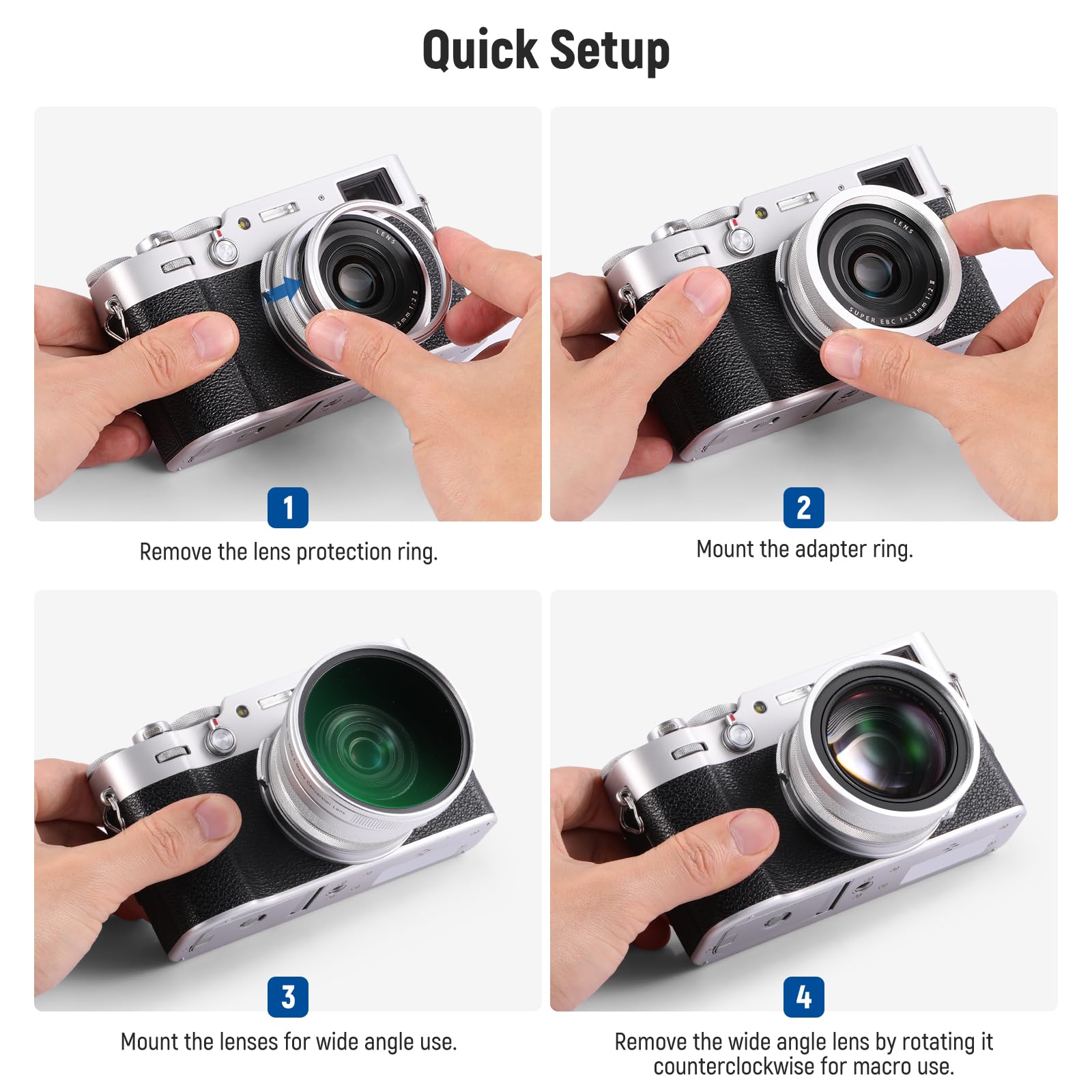 NEEWER 49mm 0.75x Wide Angle & 1.4X Macro Additional Lens for X100 Series Cameras, HD 2 in 1 Lens with 49mm Adapter Ring for Fujifilm X100 X100S X100F X100T X100V X100VI Cameras (Silver Frame), LS-47