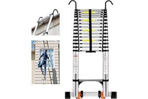 Wolec Telescoping Ladder, 19FT Aluminum Portable Extension Ladder w/Hooks, Stabilizers& Wheels, Heavy Duty 330lbs Max Capacity, Collapsible Telescopic Ladder for Rv, Roof, Attic, Outdoor -Silver