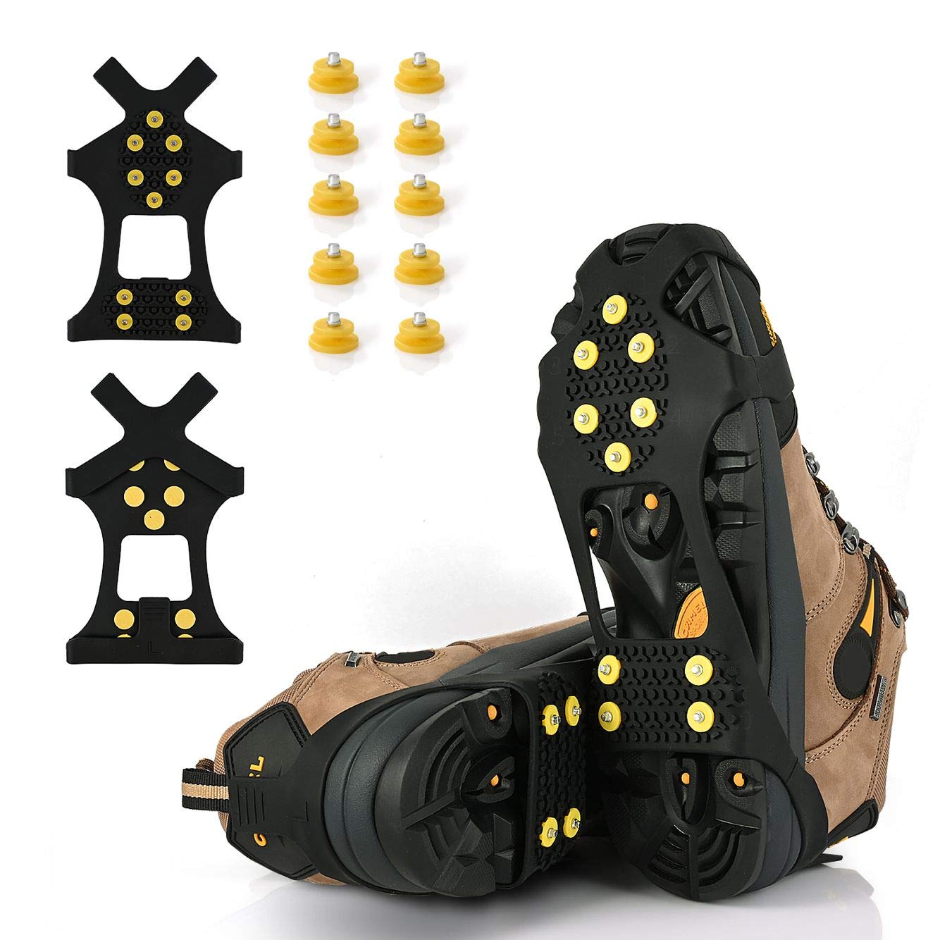 Ice Cleats, Ice Grips Traction Cleats Grippers Non-Slip Over Shoe/Boot Rubber Spikes Crampons with 10 Steel Studs Crampons + 10 Extra Replacement Studs (X-Large, Black)