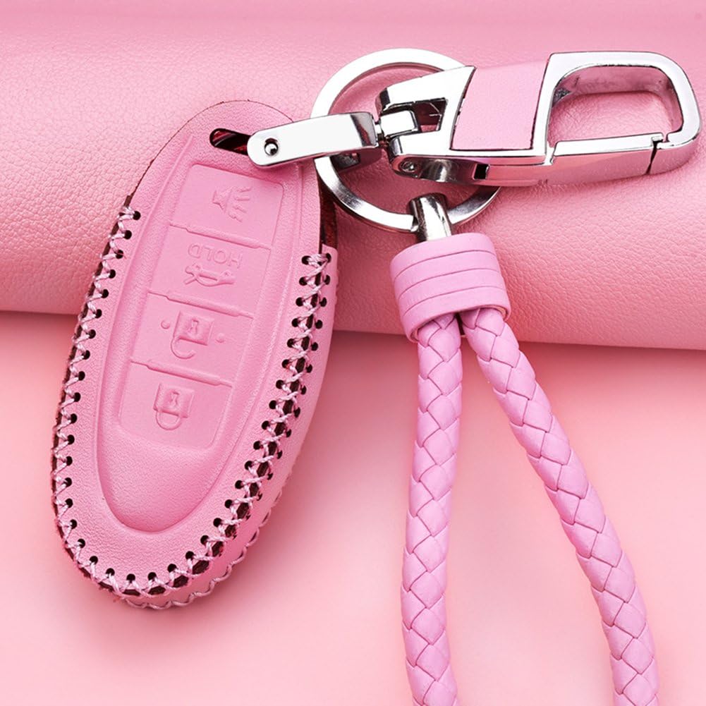 Womens Pink Genuine Leather Protective Fob Skin Cover Shell Key Jacket for Nissan Infiniti Keyless Smart Key Case Cover 4 Buttons(for G Series G25 G37 JX35 Q Series Q50 Q60S Q70L QX EX FX M)