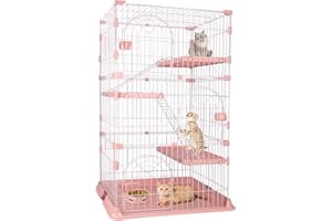 YIFOR 4-Tier Wire Cat Cage Playpen Kennel, 64 Inch Cat Catios Large Space for 1-3 Cats, Pink Cat Crate with 3 Platforms 3 Front Doors 2 Ramp Ladders (Large - 64.4" H x 32.6" L x 23.6" W)