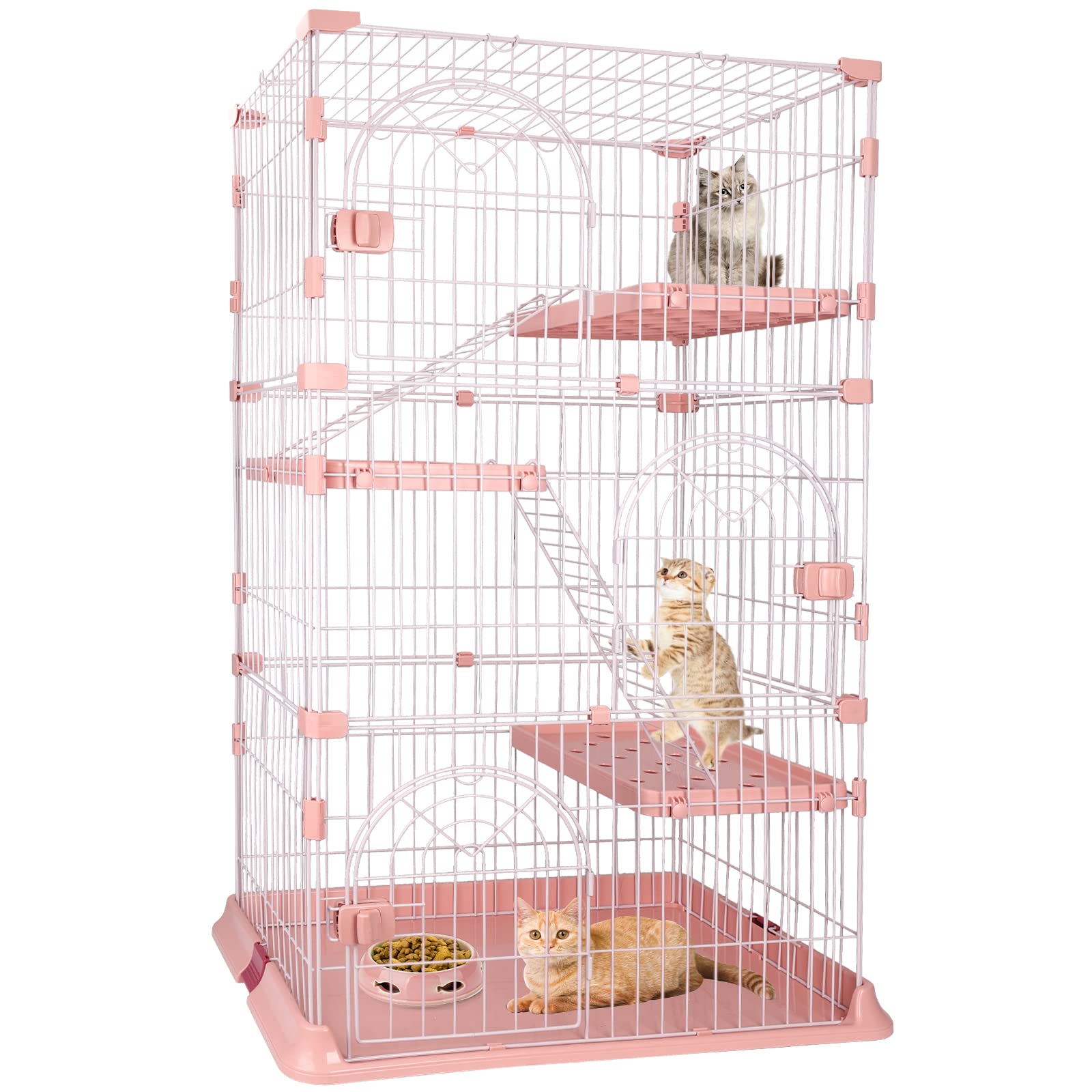 Photo 1 of 4-Tier Wire Cat Cage Playpen Kennel, 64 Inch Cat Catios Large Space for 1-3 Cats, Pink Cat Crate with 3 Platforms 3 Front Doors 2 Ramp Ladders (Large - 64.4" H x 32.6" L x 23.6" W)