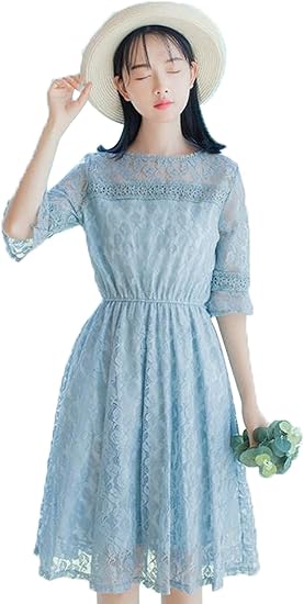 Amazon エージョン レディース ワンピース 半袖 レトロ ゆったり メッシュ ミモレ丈スカート さわやか カジュアル ドレス 文芸 淑やか ファッション ワンピース チュニック 通販