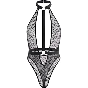 OYOANGLE Men's Rhinestone Sheer Mesh Halter Bodysuit See Through Hollow Out Backless Bodysuits Party Clubwear
