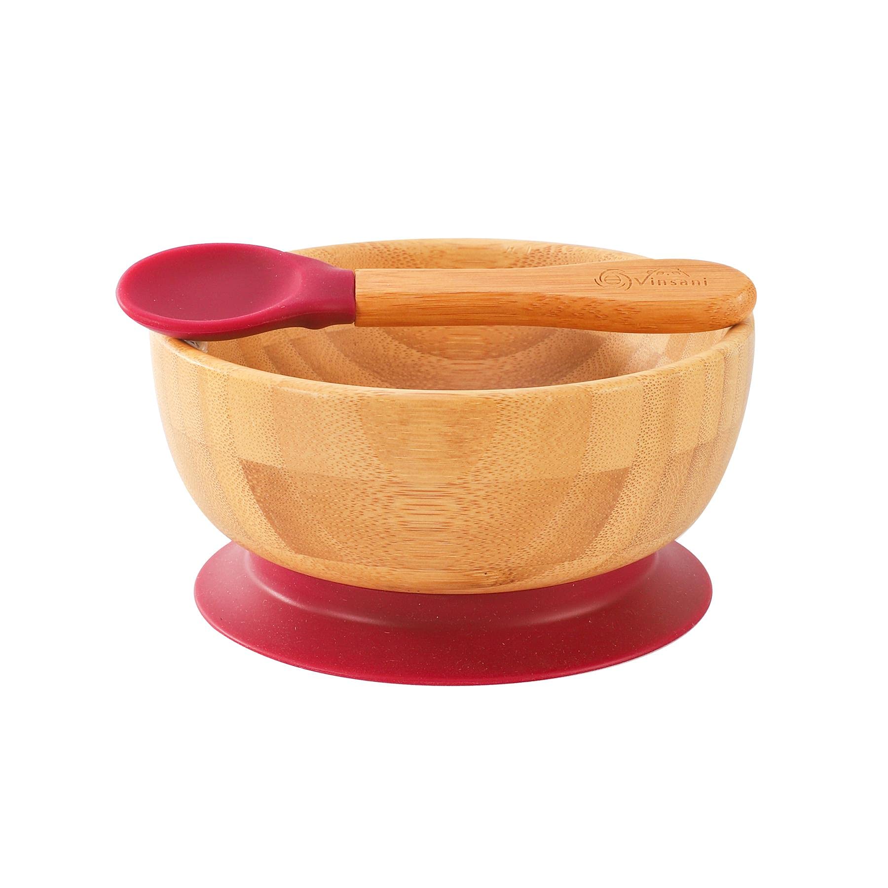 Vinsani Bamboo Bowl and Spoon Set for Baby/Toddler, Suction Plate, Stay-Put Design, Hypoallergenic and BPA-Free (Red)