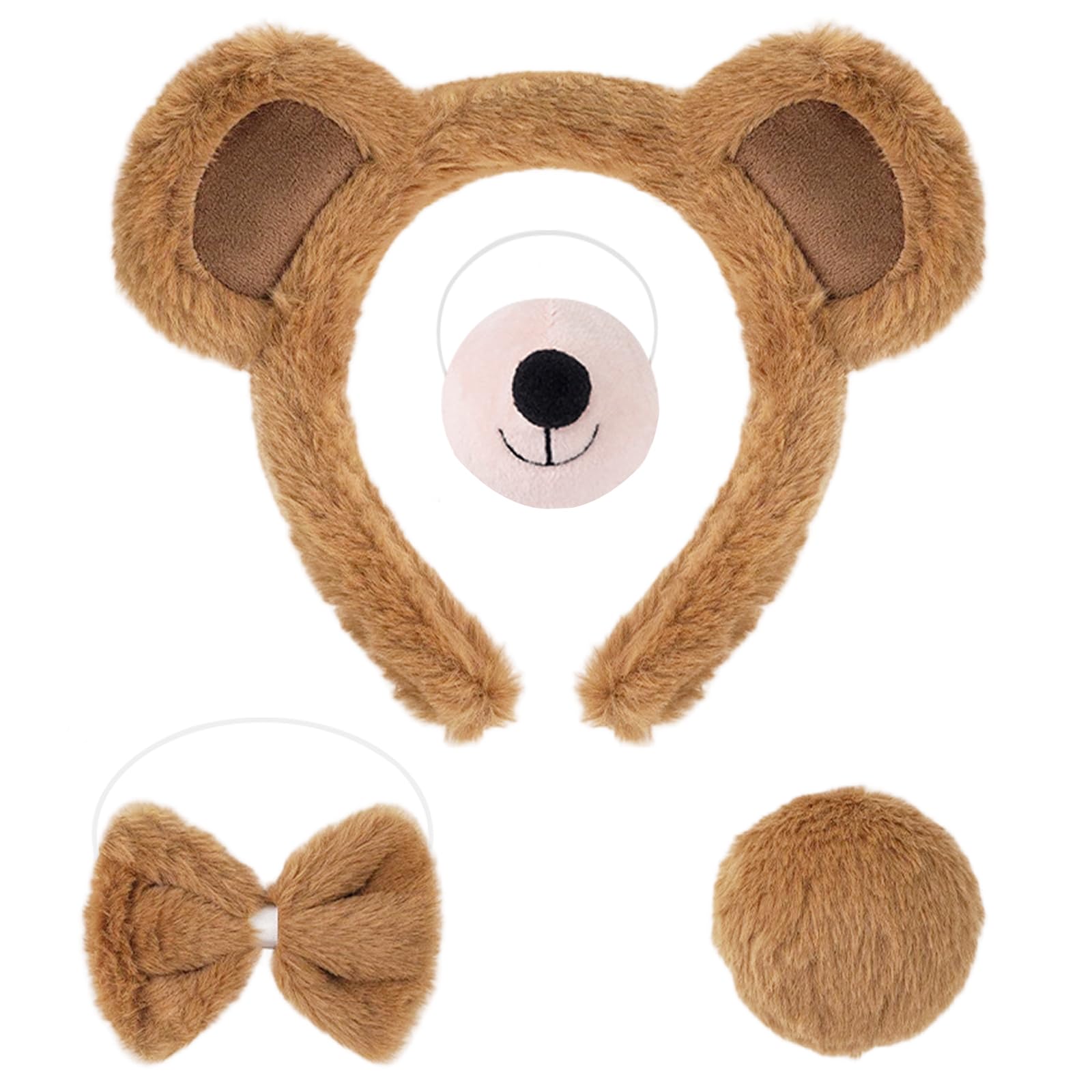 Dazzroi 4Pcs Bear Costume Accessories Set, Cute Bear Cosplay Set Including Furry Bear Ears Headband Nose Tail Bow Tie, Bear Dress Up Animal Costume for World Book Day Halloween Carnival Party