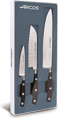 Set di 3 Coltelli da Cucina: 1 Coltello Mondador + Santoku + Coltello Chef – Lama in Acciaio Inossidabile e Manico in Poliossimetilene – Serie Riviera, Colore Nero