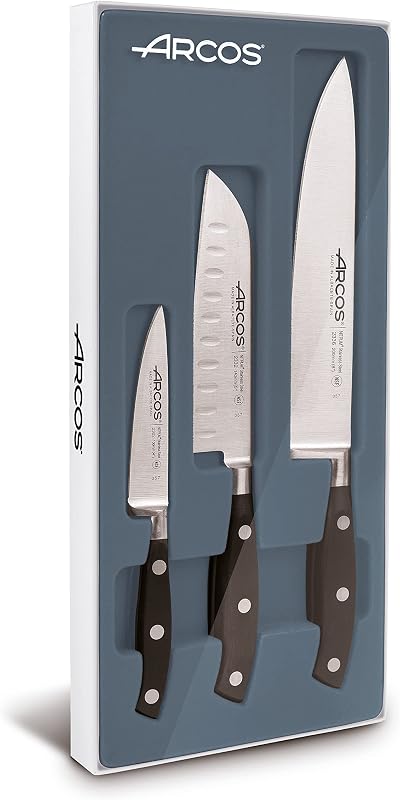 Set di 3 Coltelli da Cucina: 1 Coltello Mondador + Santoku + Coltello Chef – Lama in Acciaio Inossidabile e Manico in Poliossimetilene – Serie Riviera, Colore Nero