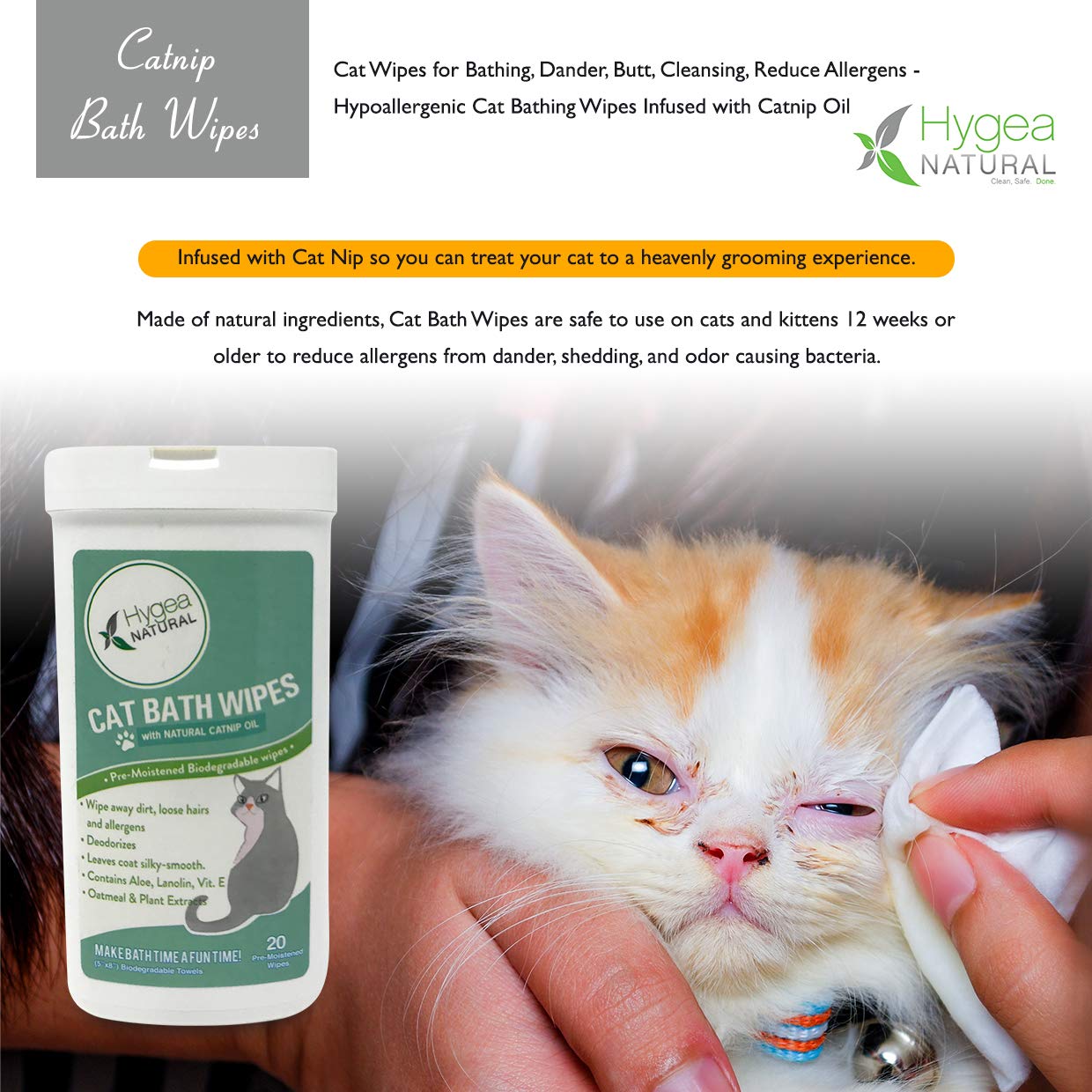 Hygea Natural Catnip Bath Wipes Cat Wipes for Bathing, Dander, Butt