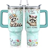 40oz Raccoon Stainless Steel Tumbler with Handle and Straw, Insulated Cup Travel Coffee Mug Water Bottle with Lid and Straw, Animal Lovers Women Gifts