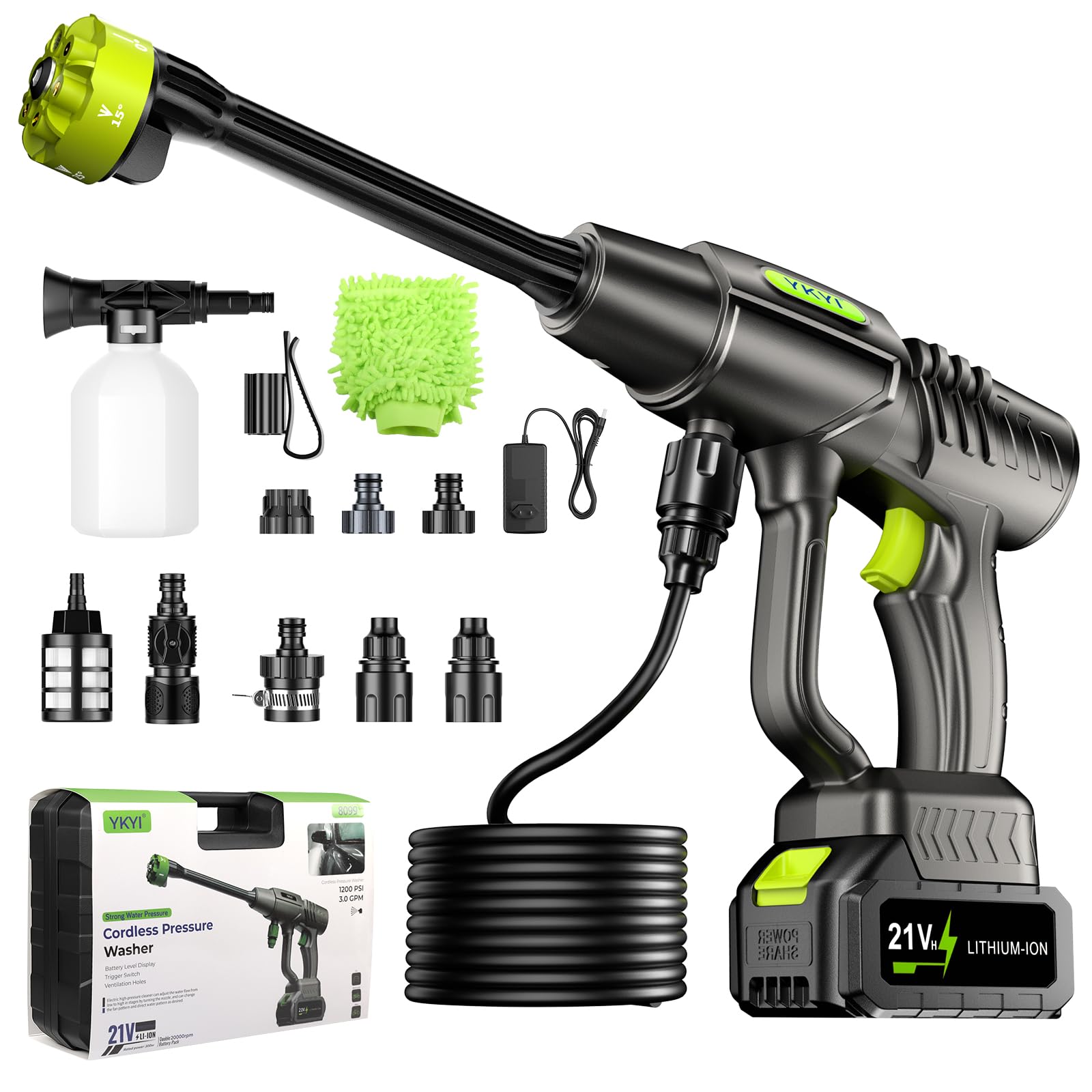 Photo 1 of **SELLING FOR PARTS---missing Battery & other parts*** YKYI Cordless Pressure Washer Battery Powered,30 Speed Level,1200 PSI Portable Power Washer with 6-in-1 Nozzle,24FT High-Elastic Hose,Handheld Pressure Washer for Car,Garden Cleaning(Light Grey)