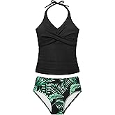 Girls Swimsuits 2 Piece Halterneck Bathing Suit Criss Cross Ruched Printed Tankini Swimwear Set for 9-16 Years