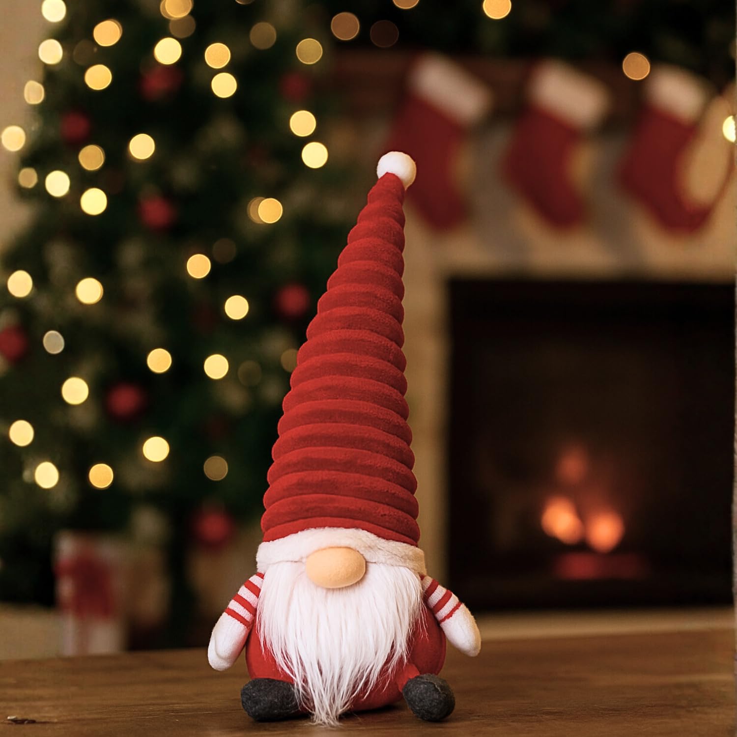 Marco Paul 38cm Red Sitting Christmas Gonk – Super Soft Nordic Plush Gnome Ornament - Furry Santa Figure for Indoor Xmas Décor, Fireplace, Table & Holiday Home Display