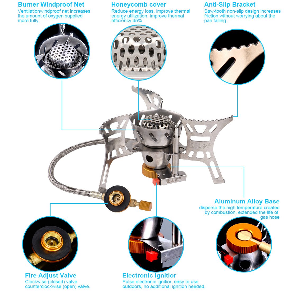 Camping Gasherd Portable 3700W Big Power Winddicht Campingkocher Faltbar mit Bequeme Piezo Zündung, Durable Split Ofen Herd mit Tragetasche für Outdoor Kochen, Camping, Backpacking-Silber