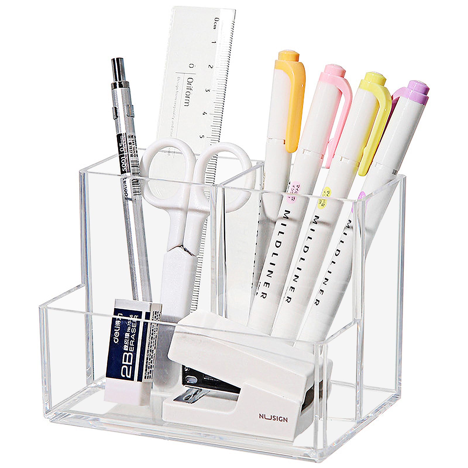 MUAMAX Clear Acrylic Pencil Pen Organizer 3 Slots Makeup Brush Holder Multi-Purpose Cosmetic Brushes Storage Holder with 3 Slots,Desktop Organizer for Office School Home Supplies