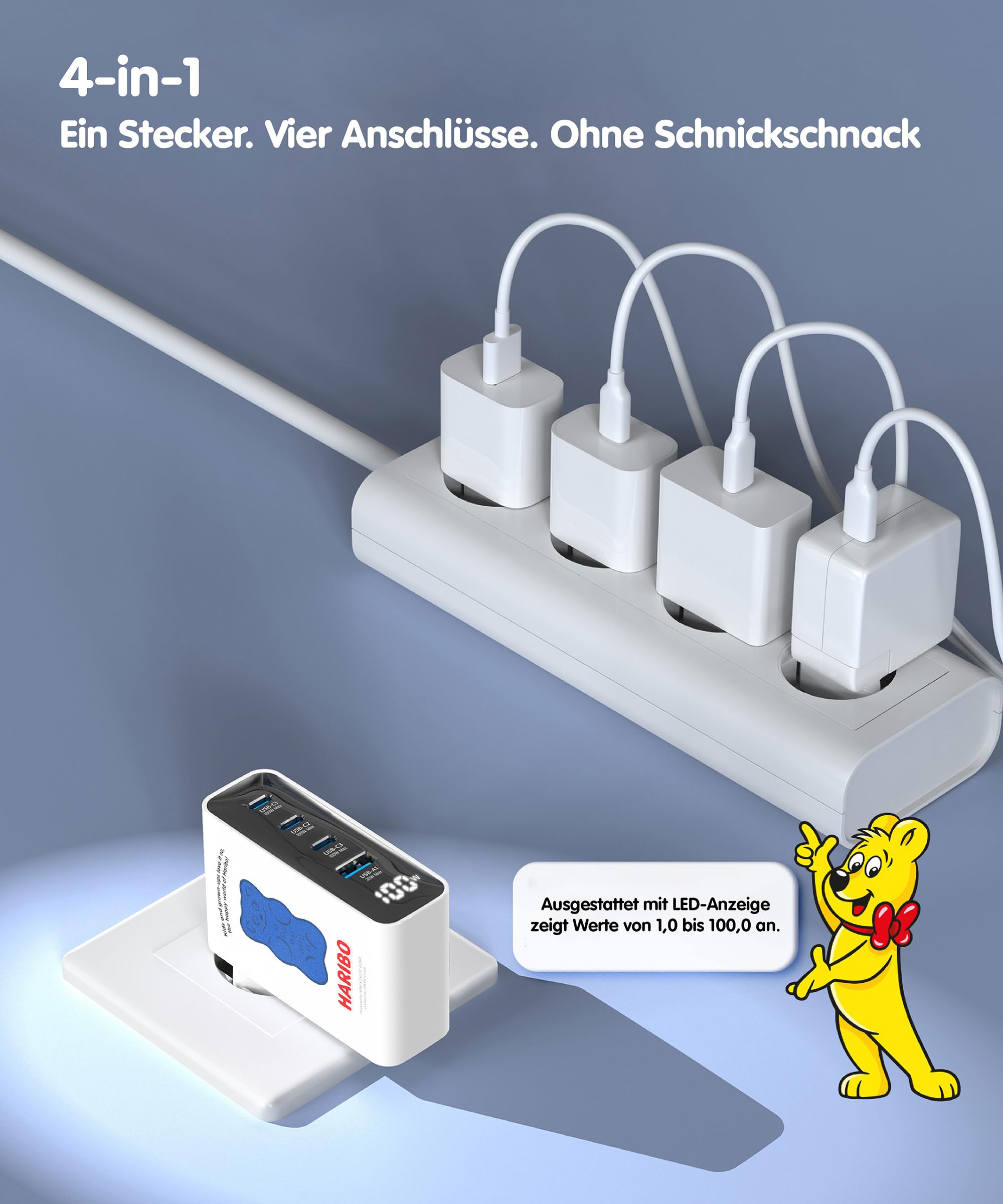 Haribo 100W USB C Ladegerät, 4-Port Schnellladegerät USB-C Netzteil mit LED Display, GaN Charger PD/PPS für MacBook Pro/Air, iPhone 17/16, Galaxy S25/S24, Laptop, iPad, Switch, Kompakt Geschenk, Blau 4