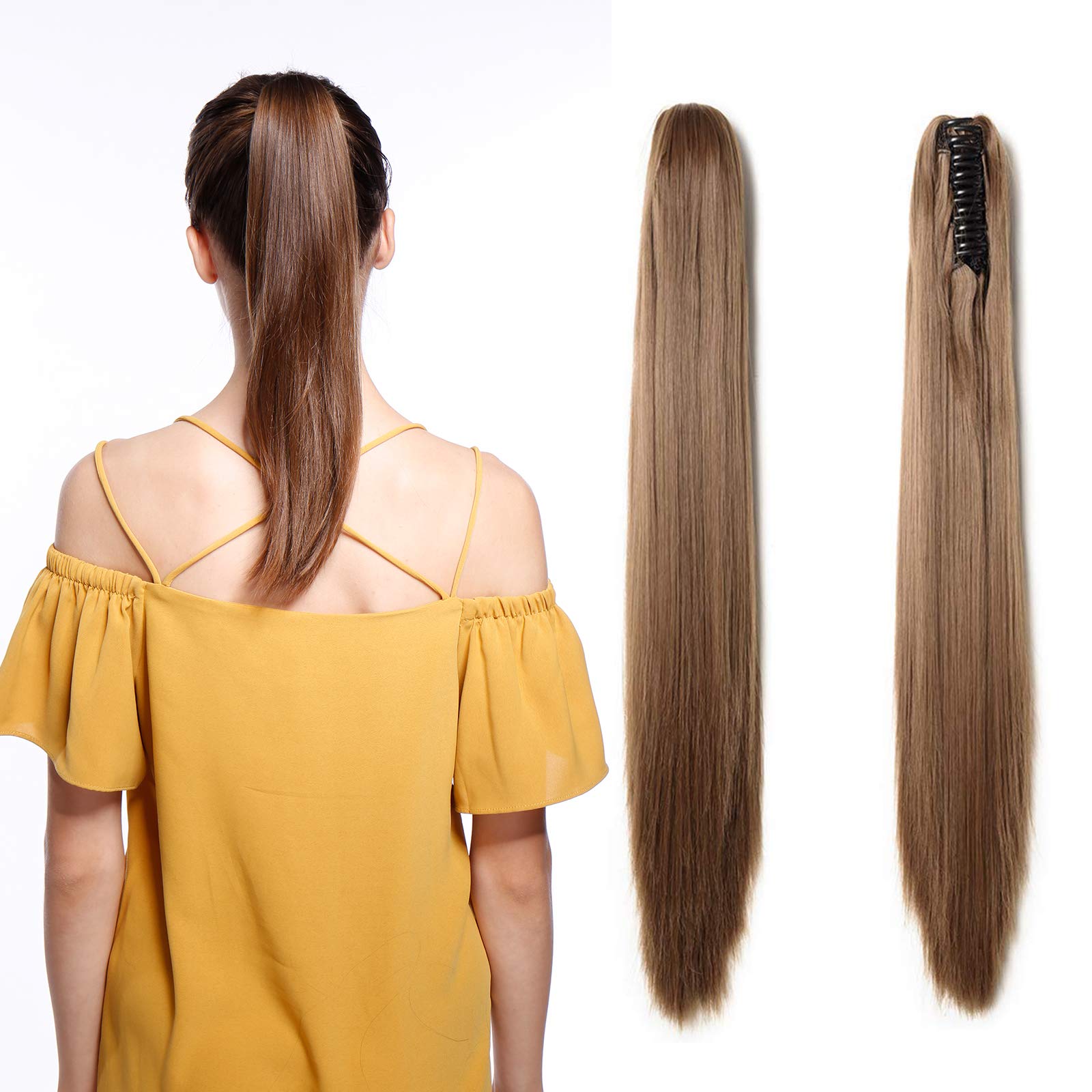 Medium Brown Straight Claw on Ponytail Extensions Heat-Resisting Synthetic Clip in Hairpiece Pony Tail Extension 21inch