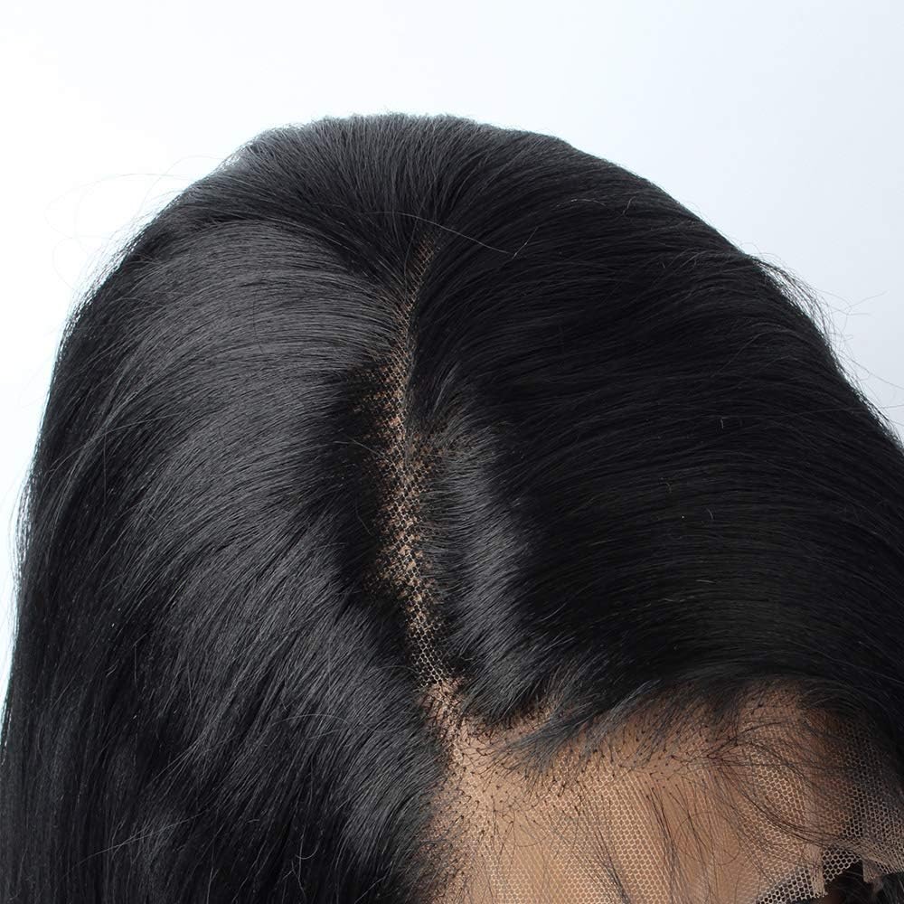 vvBing 6" Lace Deep Side Parting Wig Cap Short Shoulder Length Hair Yaki Straight Black Bob Wigs Lace Front Synthetic Bob Cut Hair Lace Front Wigs For Women Heat Resistant Fiber Hair 16Inch