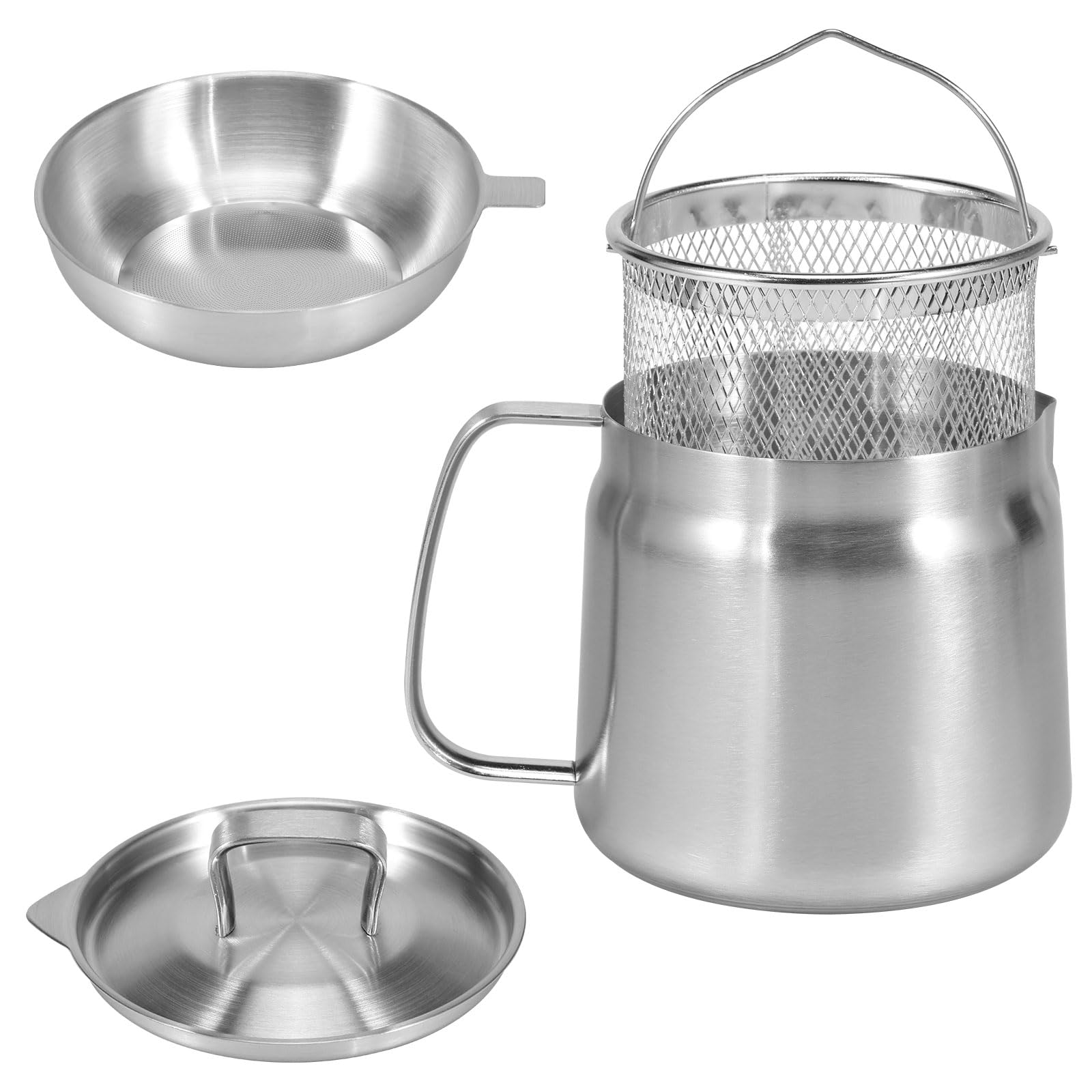Deep Fat Fryer Strainer,Stainless Steel Frying Pot with Basket with Filter Lid and Frying Basket,Bacon Grease Container with Strainer Pot for Storing Frying and Cooking Grease (1.5L)