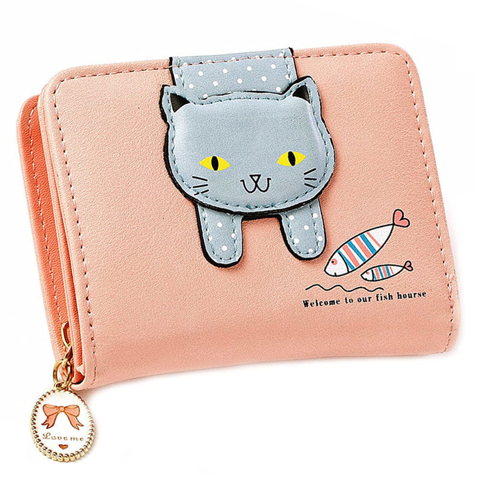 Mini Cat Wallet Cute Multiple Compartments Leather Material Zipper Closure Small Decorative Wallet for Small Spare Accessories Girls Gifts (Pink)
