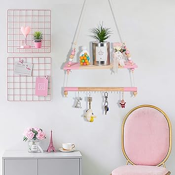 Amazon Com Hadaibh Wall Hanging Rope Shelf Rope Hanging Floating Shelves With Round And Octagonal Beads Decorative Wall Display Shelves Diy Home Wall Decor With Hooks For Bedroom Living Room Bathroom Furniture Decor