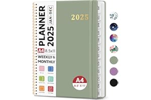 JEJEGO 2025 Planner 8.5" x 11", Weekly and Monthly Calendar Planner Book, January 2025 - December 2025, Large HardCover Planner 2025 with Monthly Tabs, Notes Pages, Spiral Bound, Inner Pocket, A4 - Green