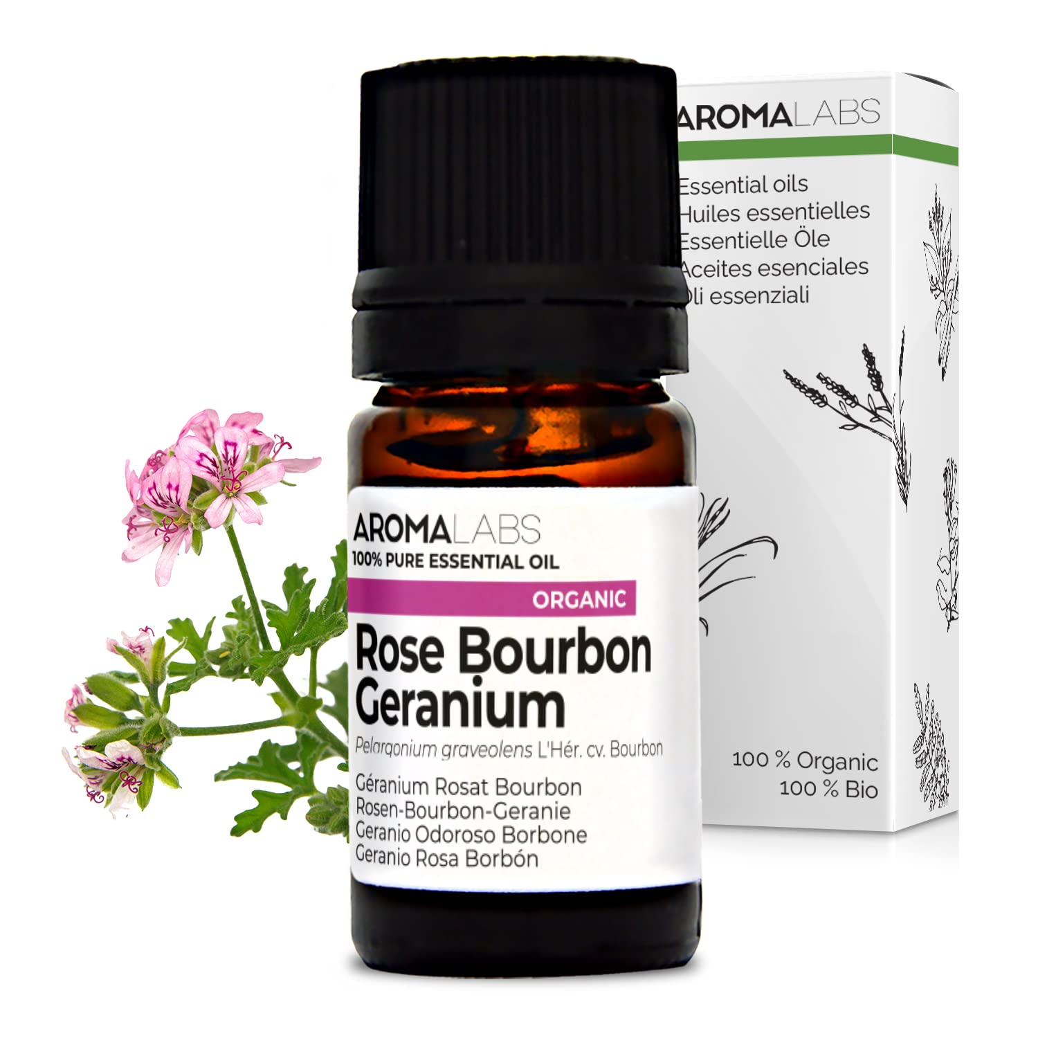 BIO - Rose Bourbon Geranium Essential Oil - 5ML - 100% Pure, Natural, Chemotyped and AB Certified - AROMA LABS (French Brand)