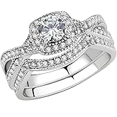 FlameReflection Stainless Steel Rings for Women Infinity Wedding Set Round CZ Cubic Zirconia Halo Engagement Bridal Jewelry Set