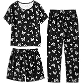 MyFav Girls Pajama Sets 3pcs Crew Neck Short Sleeve Top Shorts & Long Pants With Cute Patterns Sleepwear Nighty For Teens
