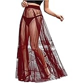 OYOANGLE Women's Sheer Mesh Maxi Flowy Skirt High Waist Vacation Concert Bridal A Line Long Skirts