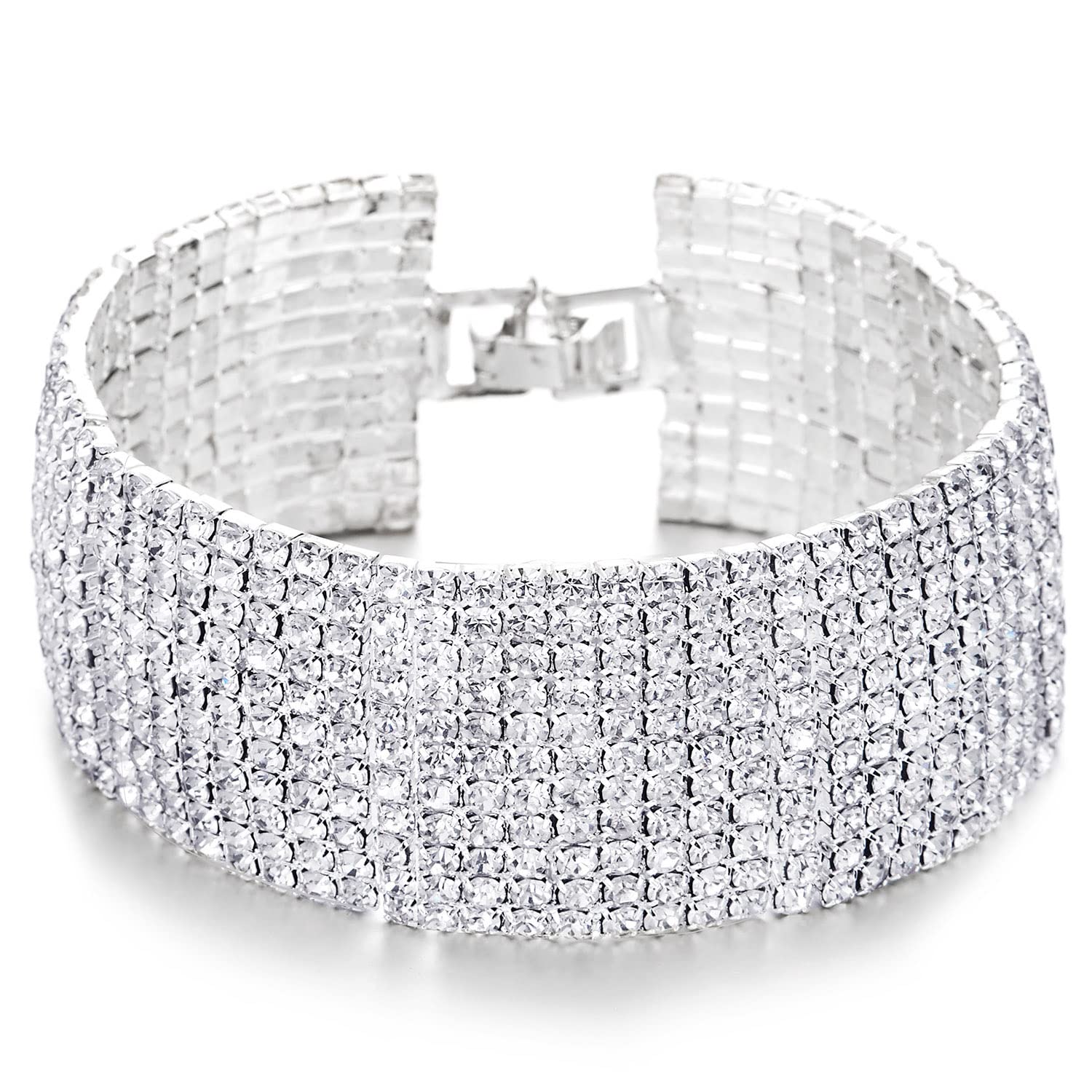 COOLSTEELANDBEYOND Sparkling Womens Rhinestones Pave Cluster Wide Bangle Bracelet, Bling Bling