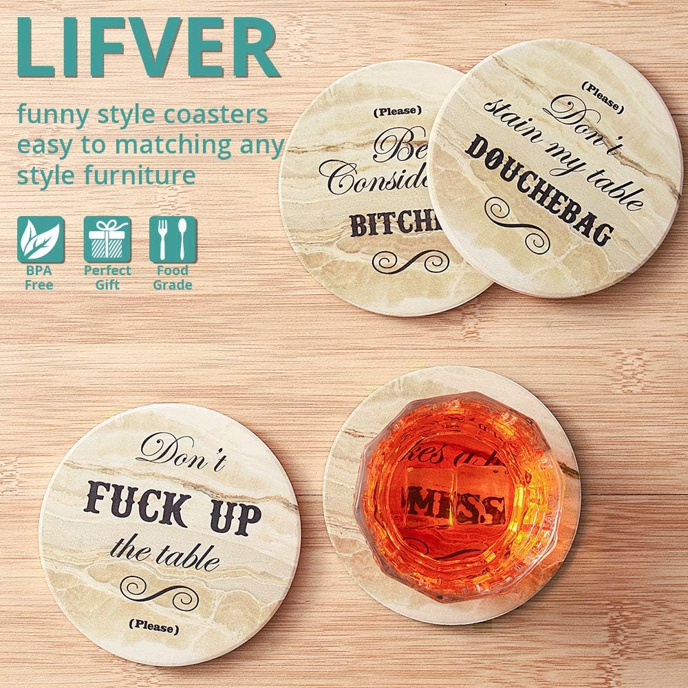 LIFVER Funny Coasters for Drinks Absorbent with Holder,8 Set Coasters with Cork Base, Ceramic Marble Style Drink Coaster with 4 Sayings for Wooden Table, Bar, Housewarming Gifts: Kitchen & Dining