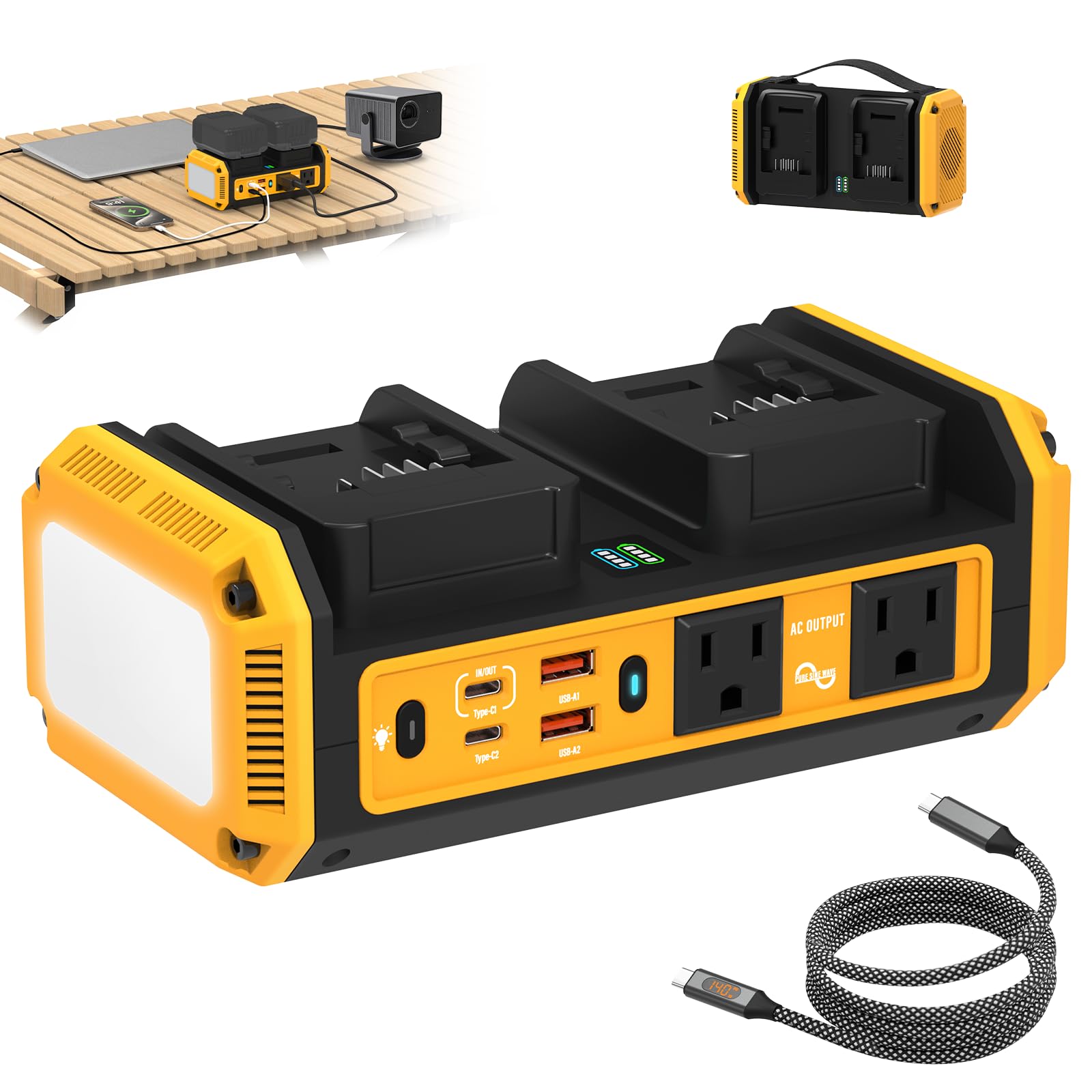 Photo 1 of Kzreect 350W Pure Sine Wave Power Inverter Compatible with Dewalt 20V Batteries, Dual-Battery Auto-Switch, DC 20V to AC 120V, 140W USB-C PD, 600lm LED Light (Battery Not Included)
