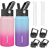 BJPKPK 2 Pack Insulated Water Bottles with Straw Lids, 18oz Stainless Steel Metal Water Bottle with 6 Lids, Leak Proof BPA Free Jugs, Cups, Flasks for Travel, Sports (Cherry+Ocean Dream)