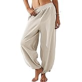 Faleave Women's Baggy Wide Leg Pants Elastic Waisted Casual Comfy Palazzo Harem Pants with Pockets