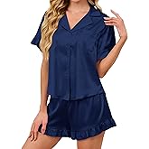 KFUBUO Silky Satin Pajamas for Women Set Short Sleeve Button Down 2 Piece Pjs Shorts Sets Soft Sleepwear Loungewear Navy