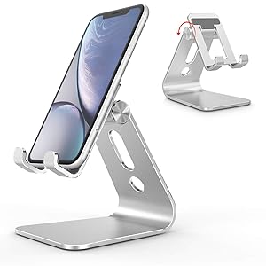 Cell Phone Stand, OMOTON Adjustable Aluminum Desktop Cellphone Tablet Stand Holder Cellphones, iPhone E-Readers, Silver