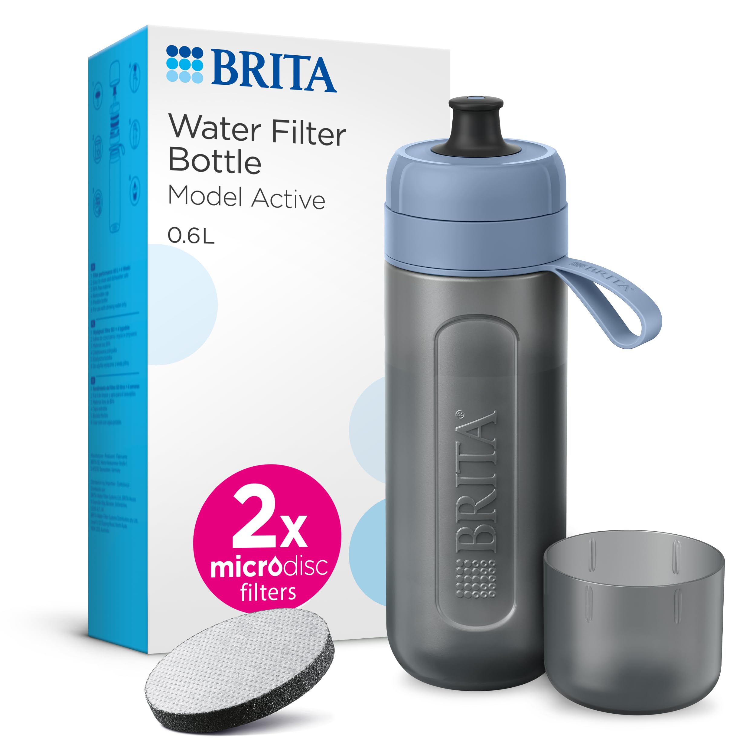 BRITA Sports Water Filter Bottle Model Active Dark Blue (600ml) incl. 2x MicroDisc Filters- squeezable BPA-free on-the-go bottle, filters chlorine, organic impurities, hormones & pesticides