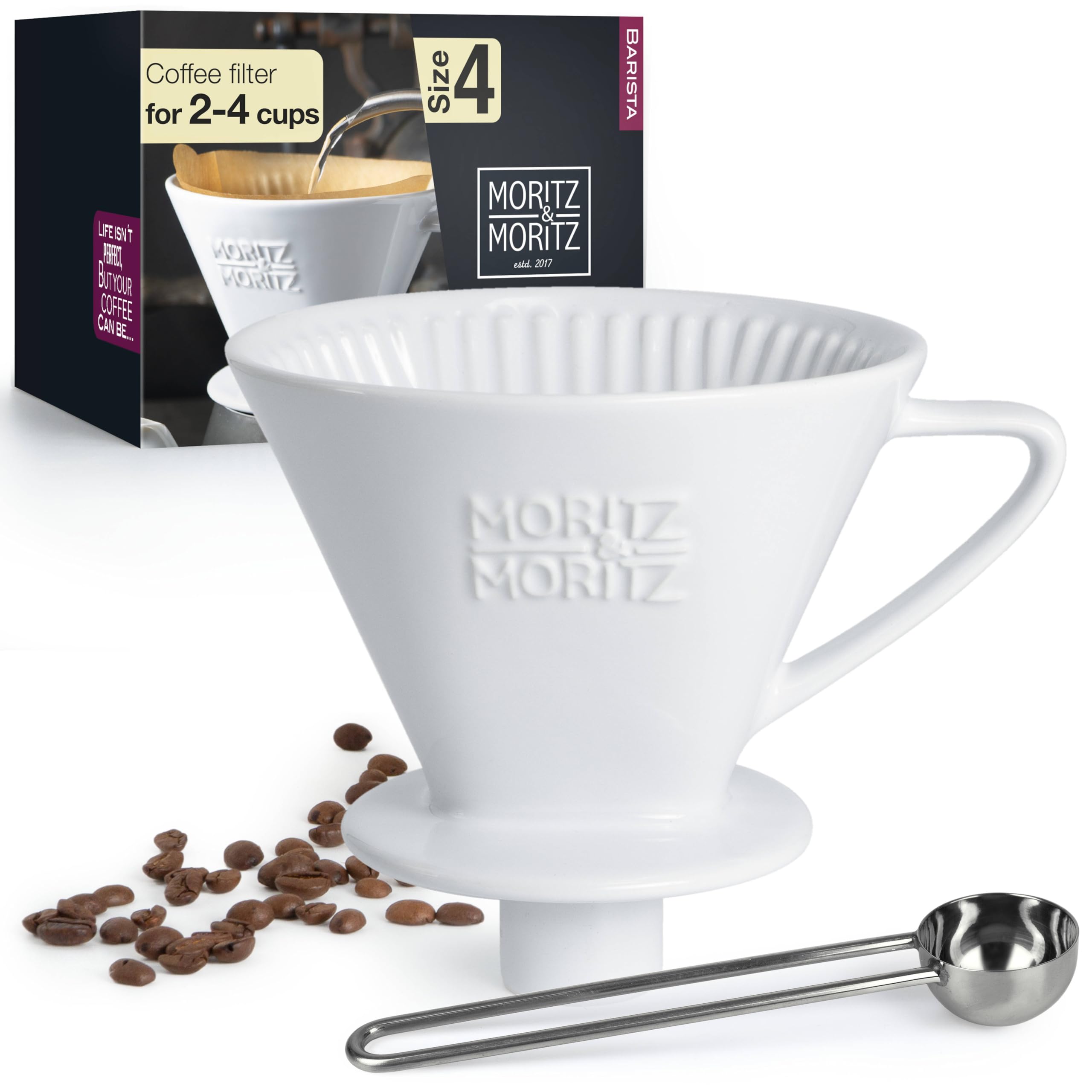 Moritz & Moritz Coffee Dripper Ceramic Size 4 with Nozzle - Excellent Aromatic Coffee Flavour - Coffee Filter Cone Porcelain in White