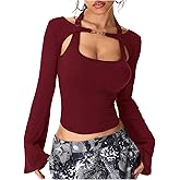 SOLY HUX Women's Long Sleeve Shirts Y2k Crop Tops Halter Neck Fitted T-Shirt Going Out Tees