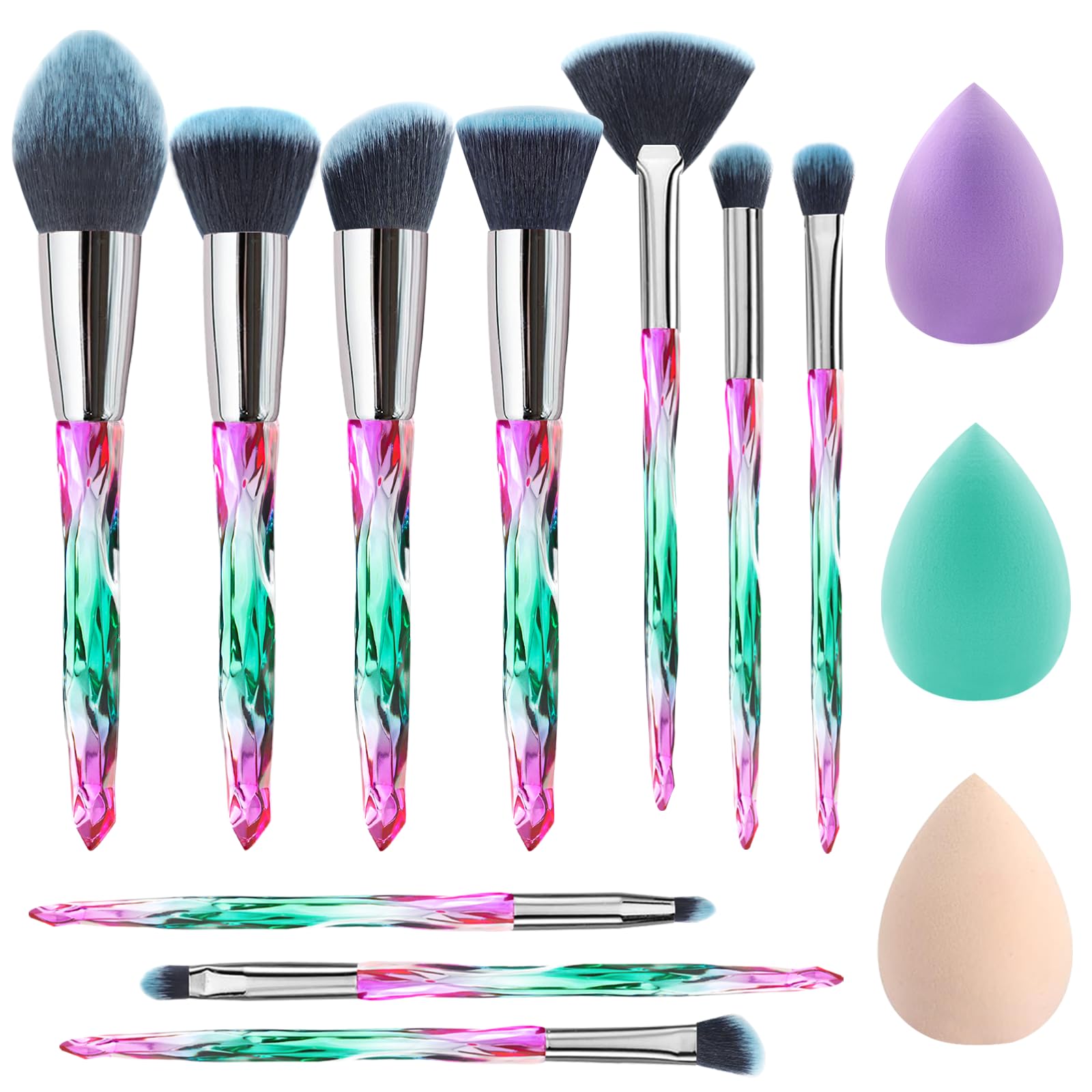 Makeup Brush Set Glamour Gaze 13Pcs Crystal Handles Makeup Brushes Sets Eyeshadow Eyebrow Foundation Brush Set With Makeup Sponge Blender Beauty and Brush Egg