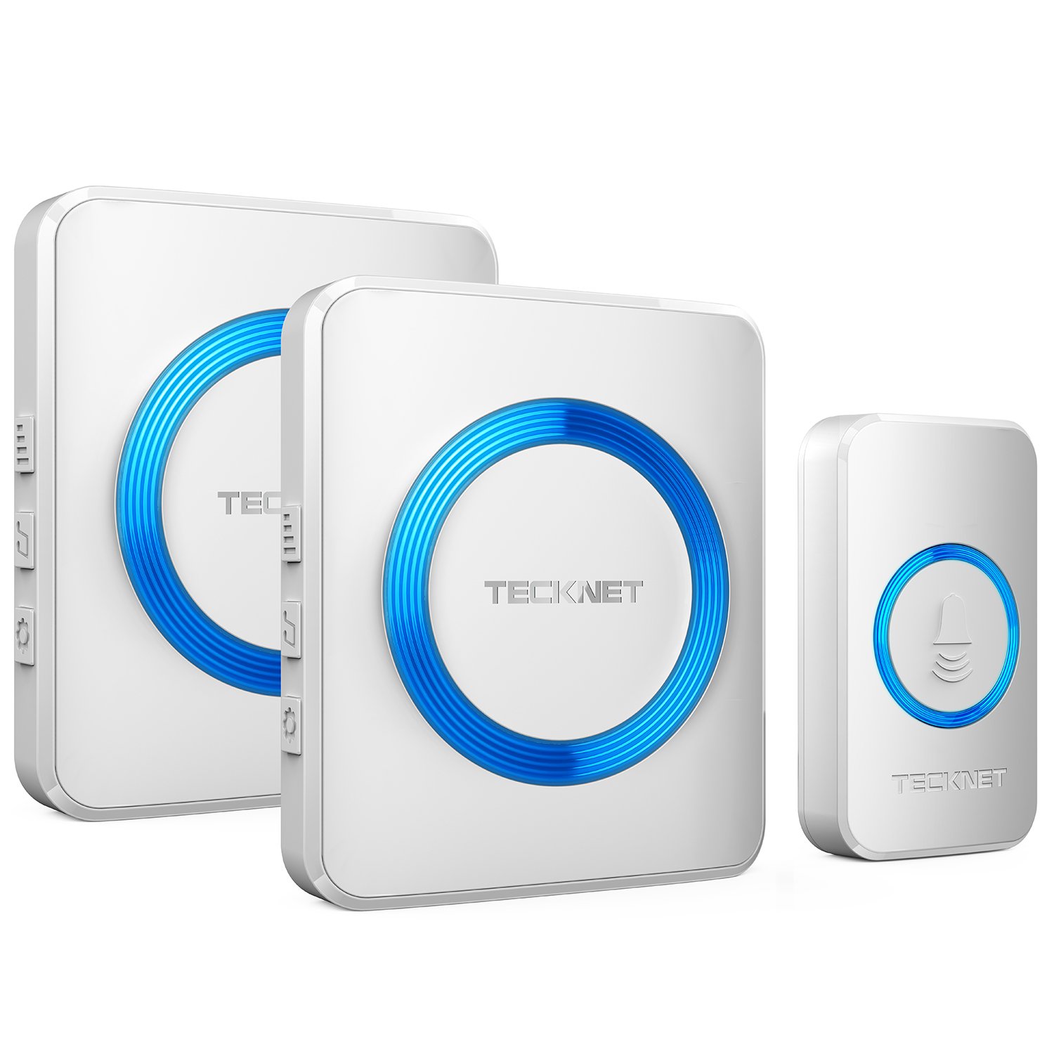 TECKNET Wireless Doorbell, Doorbell IP65 Waterproof Twin Wall Plug-in Cordless Door Chime Kit with 400m Range, 60 Chimes, 120dB Loud 5-Level Volume & Blue Light, Plug in Door Entry Bell