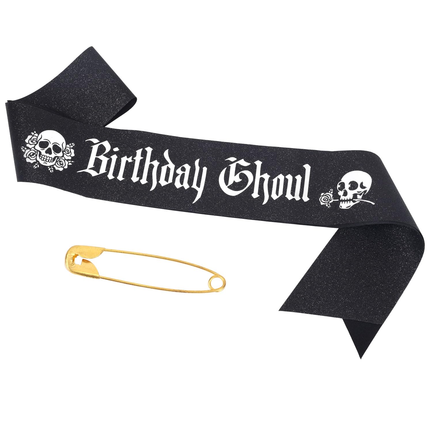 BOXOB Birthday Ghoul Sash, Glitter Cloth Goth Birthday Sash with Safety Pin Skull Rose Gothic Party Decorations Halloween Decorations for Goth Enthusiast