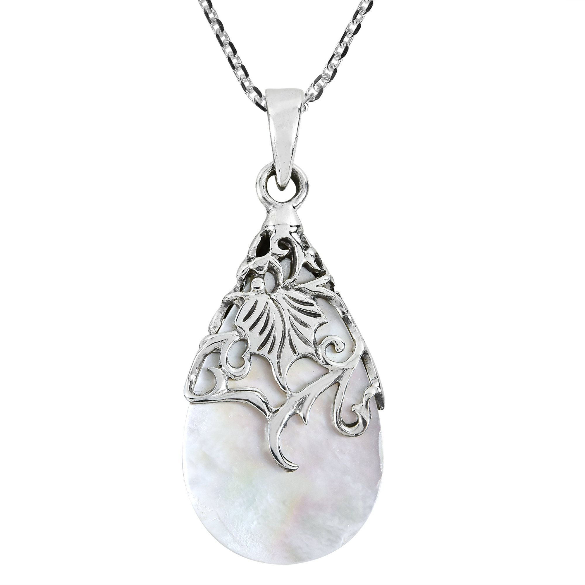 AeraVida Floral Vine Ornate Teardrop White Mother of Pearl .925 Silver Pendant Necklace