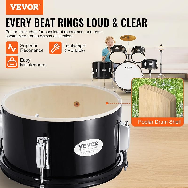 Schlagzeugset für Kinder, 5-teilig, Anfänger-Schlagzeugset mit Bass-Toms, Snare, Standtrommel, verstellbarem Thron-Becken, Hi-Hat-Pedal und Zwei Paar Drumsticks, für Kinder, schwarz