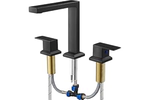 HEYMYTAP Black High Flow Bath Tub Faucet Set 3 Hole, Brass Deck Mount Roman Bathtub Faucet, 2 Handle & Longer Spout Reach with No Leaks Cartridge, Pre-Install 1/2" NPT Female Water Supply Line