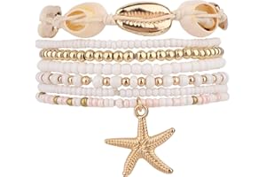 Mikovivi 7pcs Beach Sea Shell Ankle Bracelets for Women, Elastic Adjustable Seashell Starfish Beachy Anklet Set Fashionable B